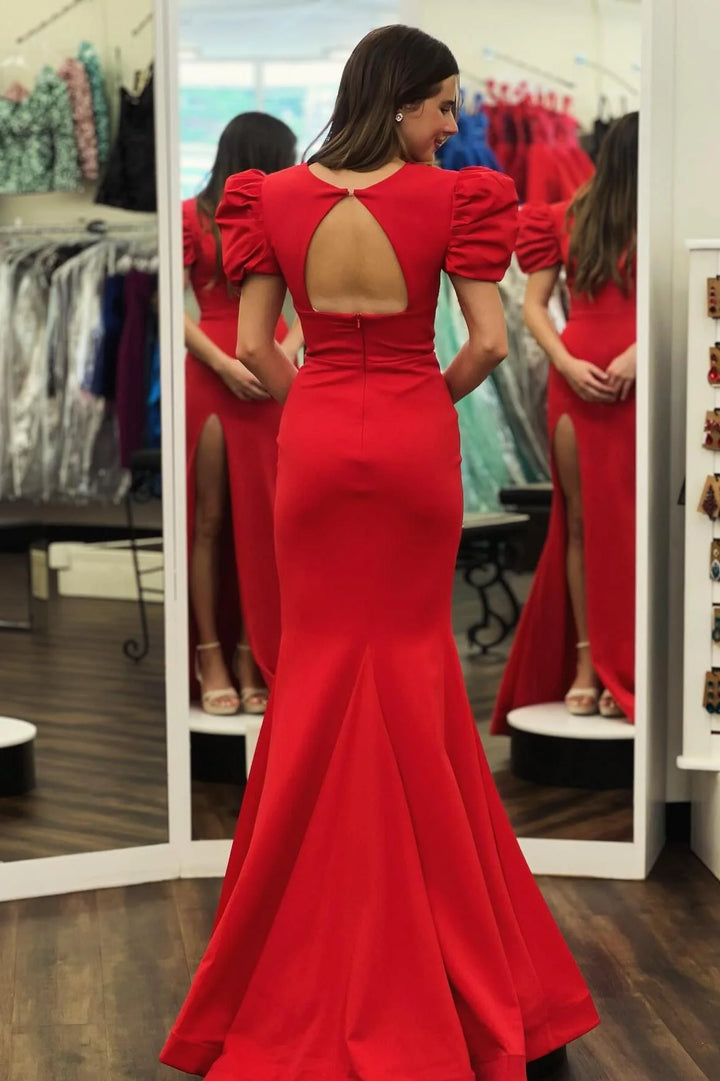 Mermaid Satin V-Neck Short Sleeves Prom Dress With Slit