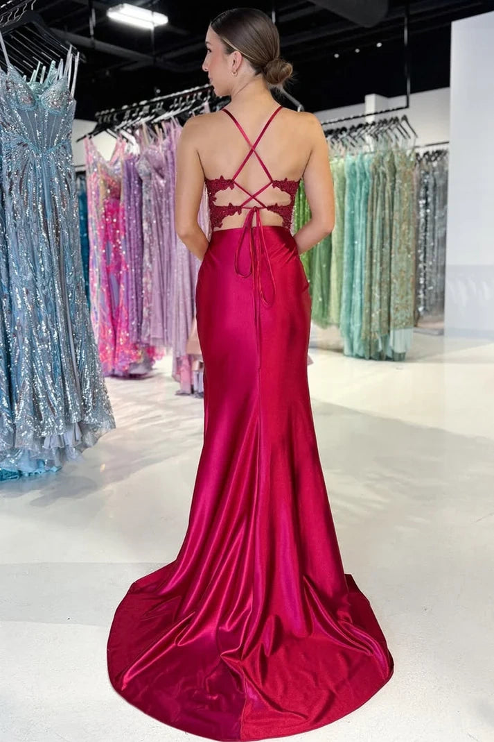Mermaid Satin V-Neck Spaghetti Straps Appliques Party Prom Dress