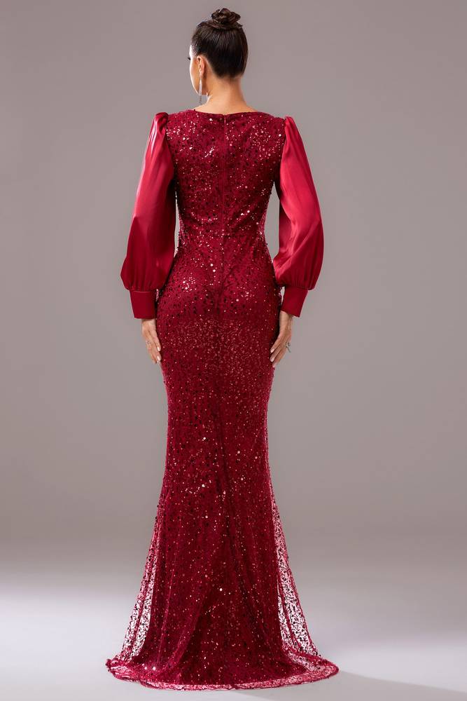 Mermaid Scoop Long Sleeves Beaded Party Evening Dress