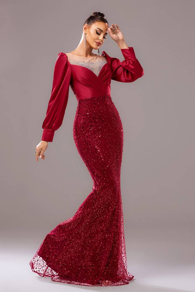 Mermaid Scoop Long Sleeves Beaded Party Evening Dress