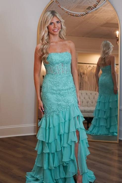 Mermaid Strapless Empire Appliques With Slit Prom Dress