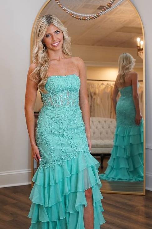 Mermaid Strapless Empire Appliques With Slit Prom Dress