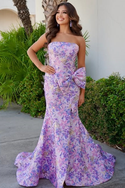 Mermaid Strapless Satin Floral Party Prom Dress With Side Slit