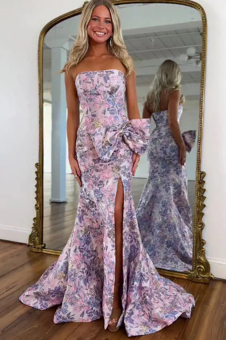 Mermaid Strapless Satin Floral Party Prom Dress With Side Slit