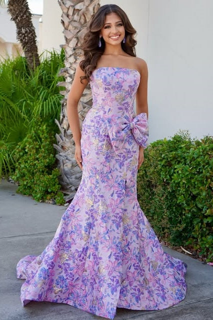 Mermaid Strapless Satin Floral Party Prom Dress With Side Slit