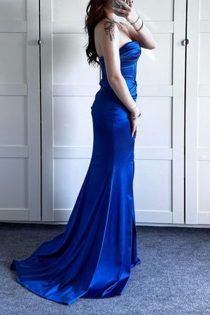 Mermaid Sweetheart Strapless Satin Empire Ruched Long Prom Dress