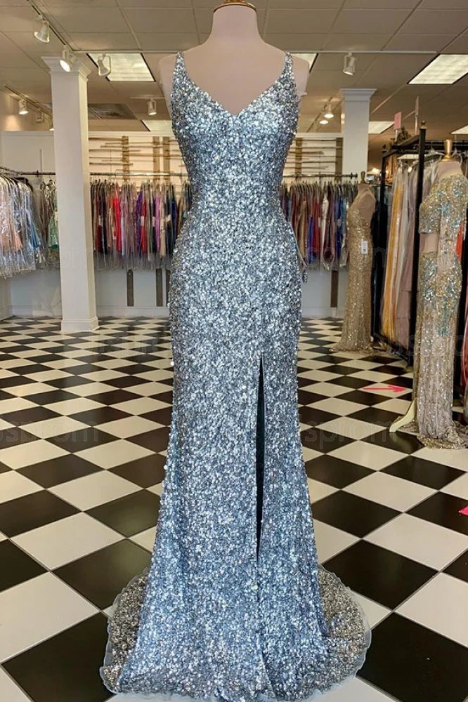 Mermaid V-Neck Sleeveless Sequins Long Prom Dress