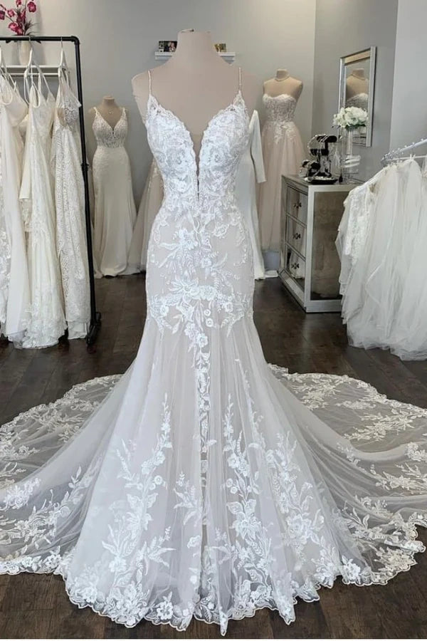 Mermaid V-Neck Spaghetti Straps Lace Wedding Dress