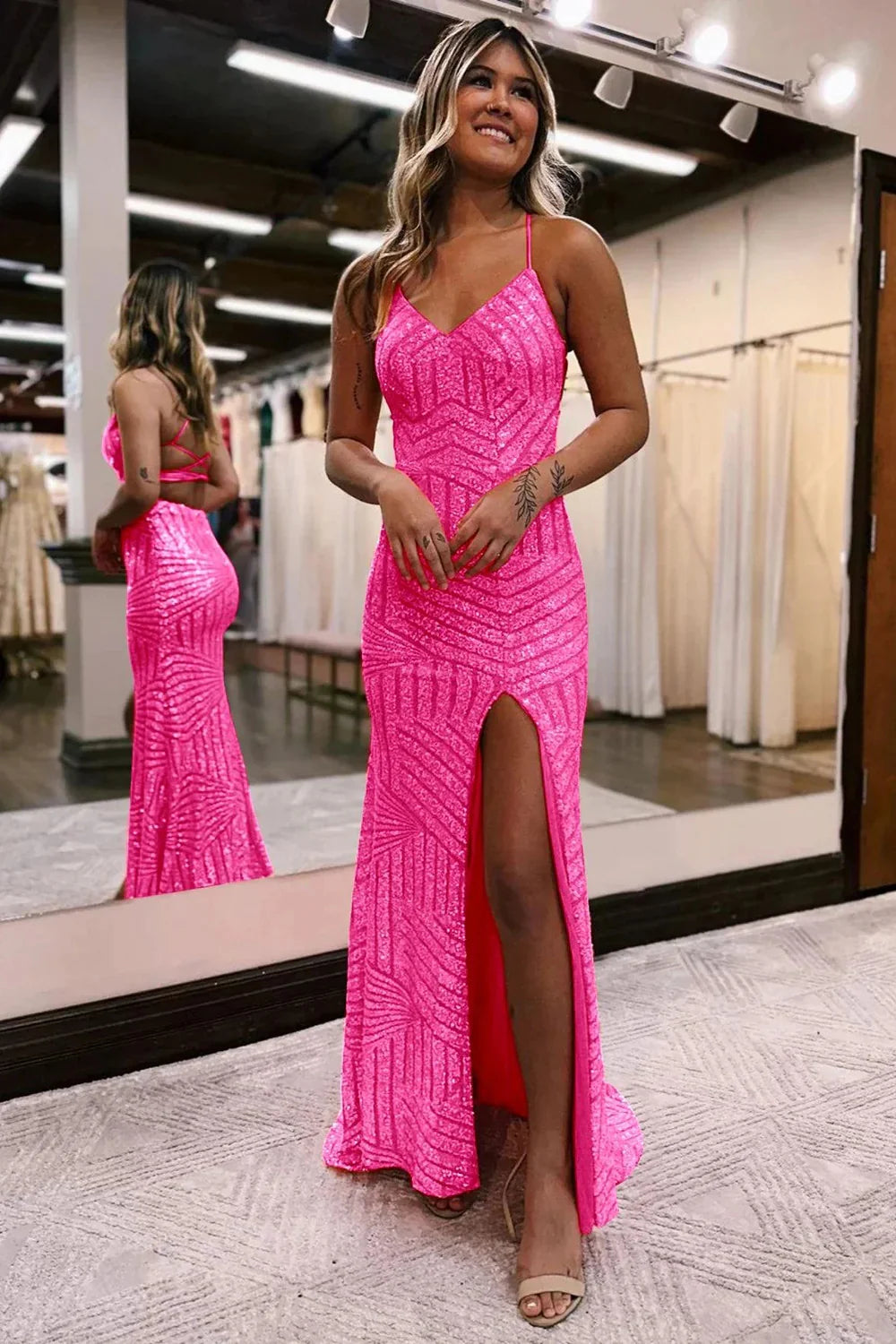 Mermaid V-Neck Spaghetti Straps Sequins Party Prom Dress With Slit