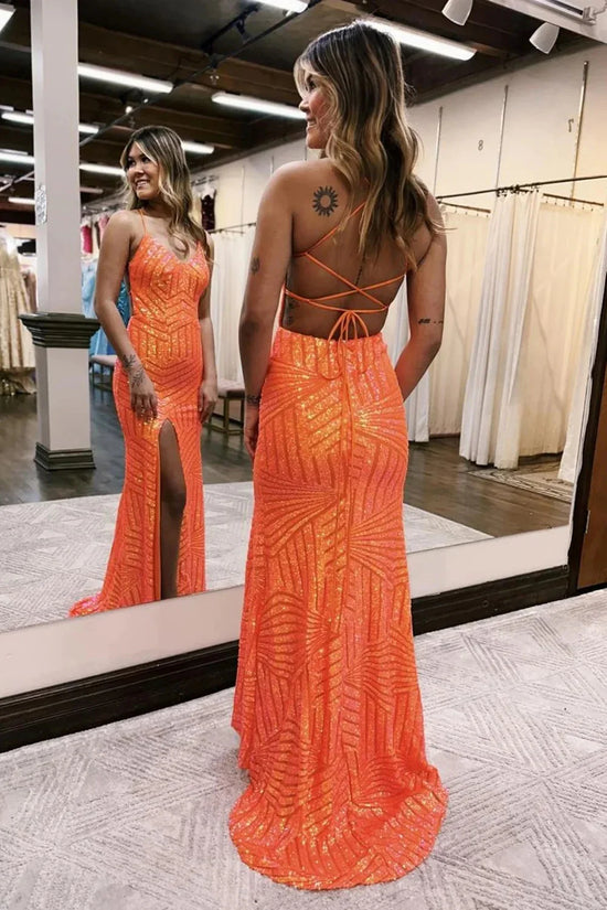 Mermaid V-Neck Spaghetti Straps Sequins Party Prom Dress With Slit