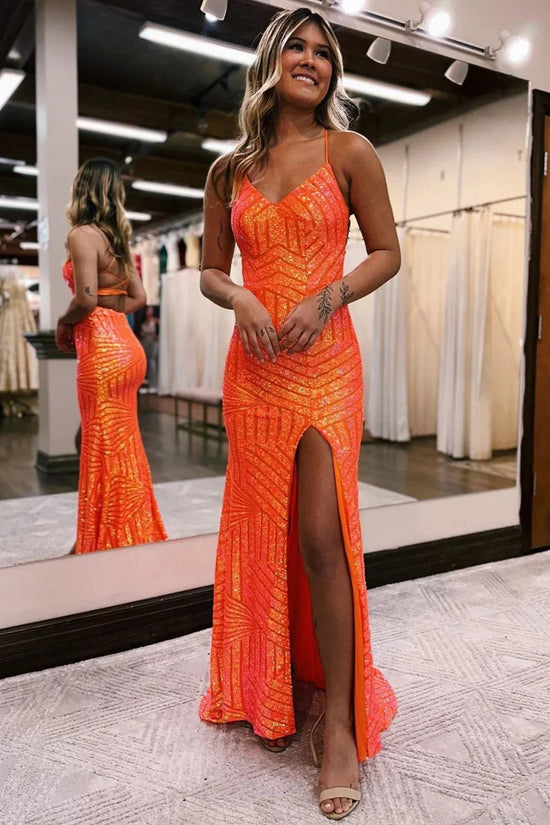 Mermaid V-Neck Spaghetti Straps Sequins Party Prom Dress With Slit