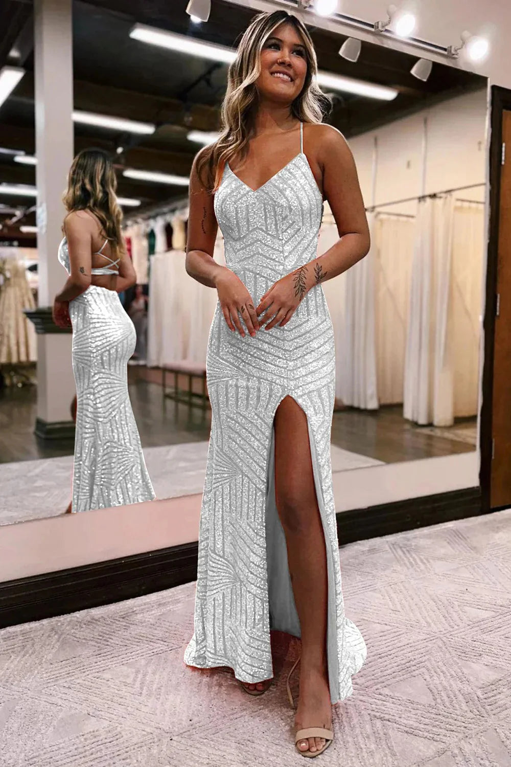 Mermaid V-Neck Spaghetti Straps Sequins Party Prom Dress With Slit