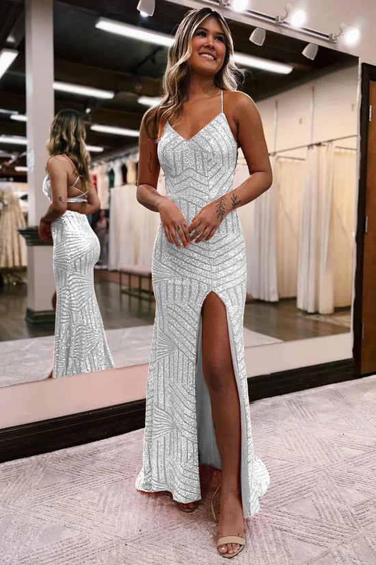 Mermaid V-Neck Spaghetti Straps Sequins Party Prom Dress With Slit