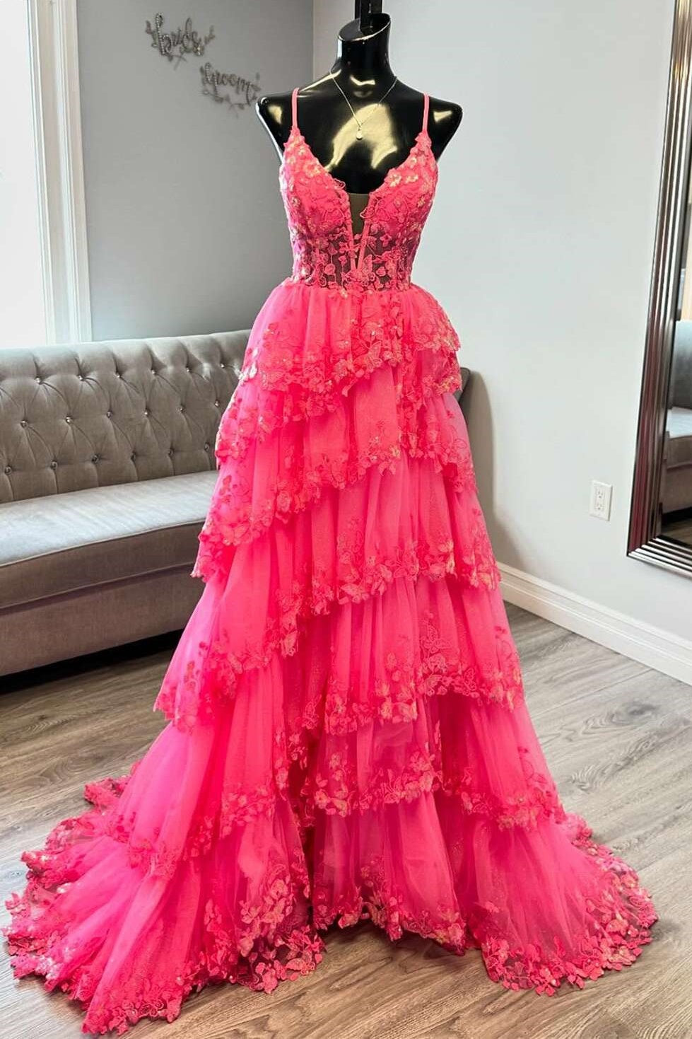 Modest Lace A-Line Spaghetti Straps Tiered Party Prom Dress Movousdress Modest Lace A-Line Spaghetti Straps Tiered Party Prom Dress Movousdress