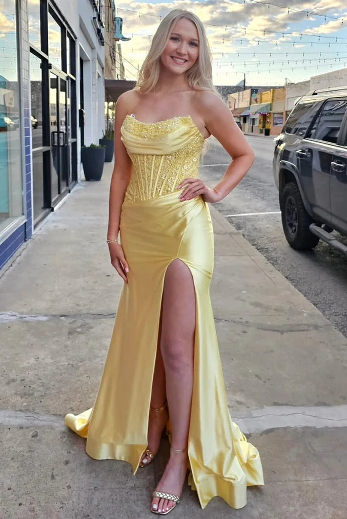 Modest Satin Mermaid Strapless Lace Appliques Party Prom Dress