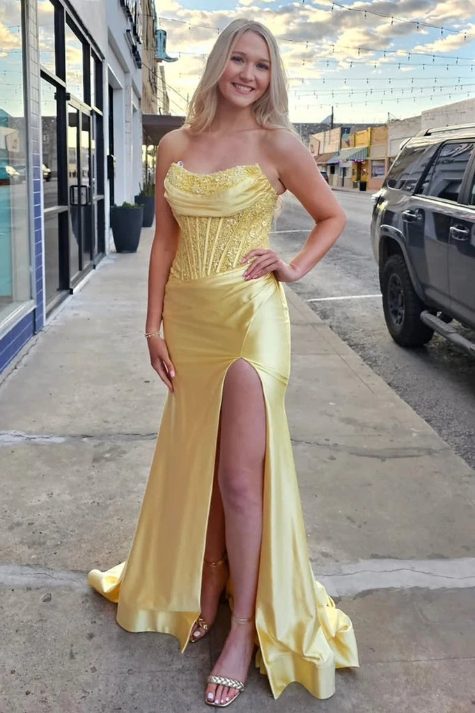 Modest Satin Mermaid Strapless Lace Appliques Party Prom Dress
