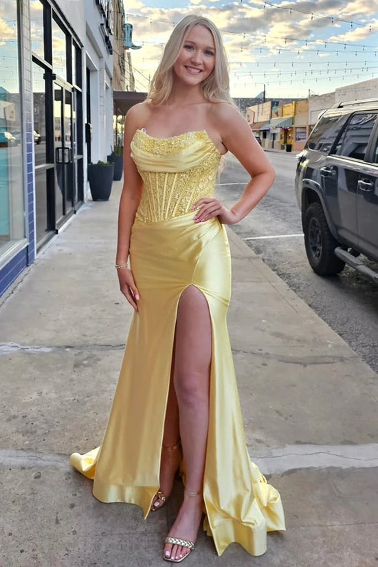 Modest Satin Mermaid Strapless Lace Appliques Party Prom Dress