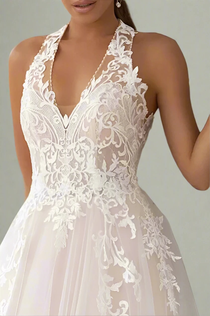 N-Neck Sleeveless Tulle A-Line Lace Appliques Wedding Dress