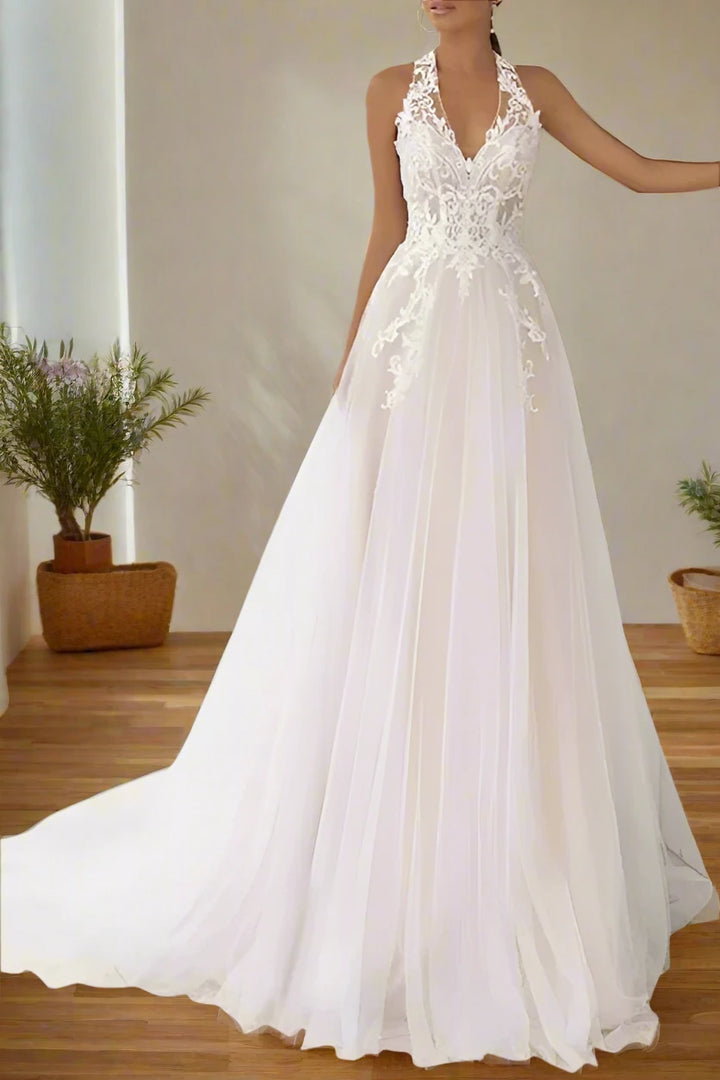 N-Neck Sleeveless Tulle A-Line Lace Appliques Wedding Dress