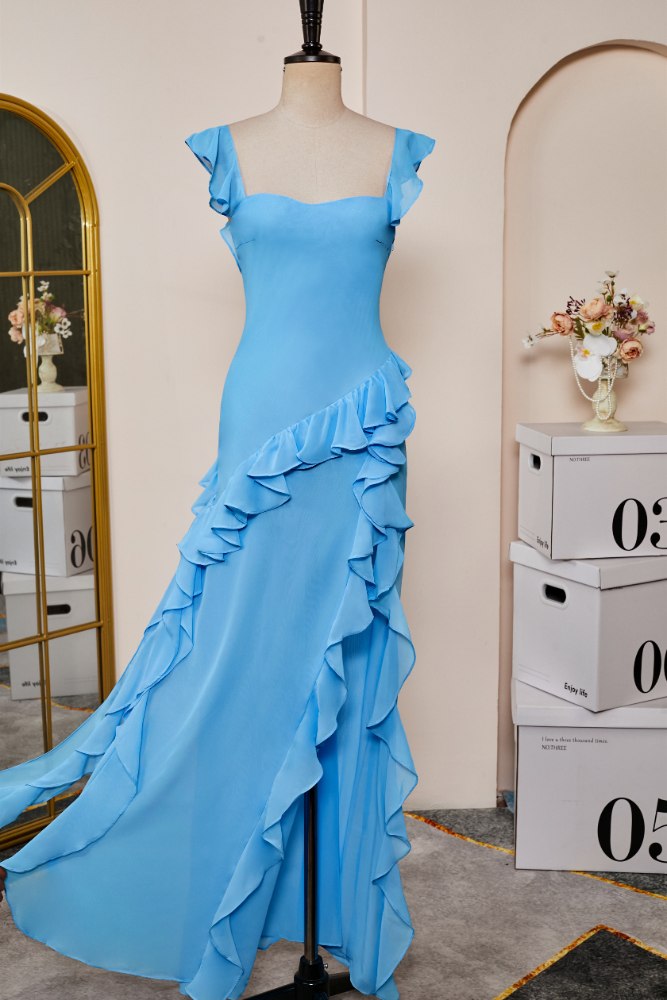 Flutter Straps Blue Ruffled Slit Long Bridesmaid Dress