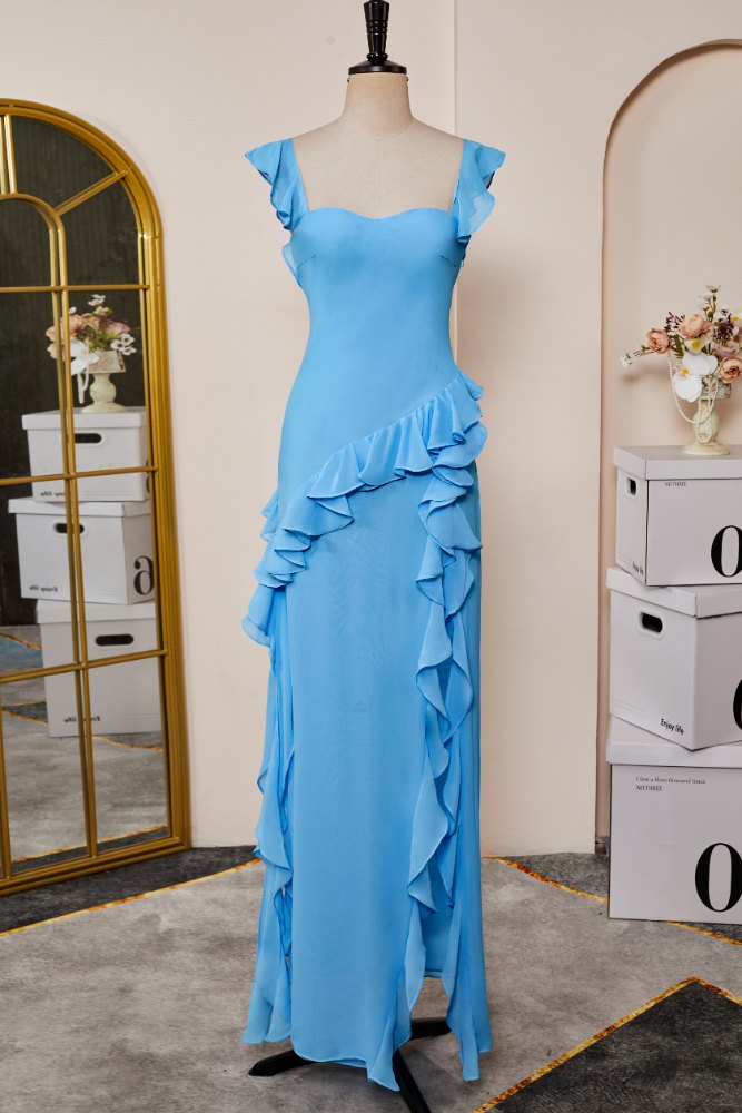 Flutter Straps Blue Ruffled Slit Long Bridesmaid Dress