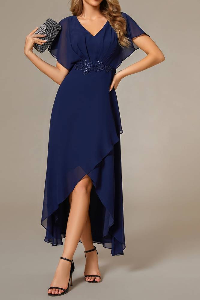 Navy Blue Chiffon V-Neck Short Sleeves Mother Of Brides Dress