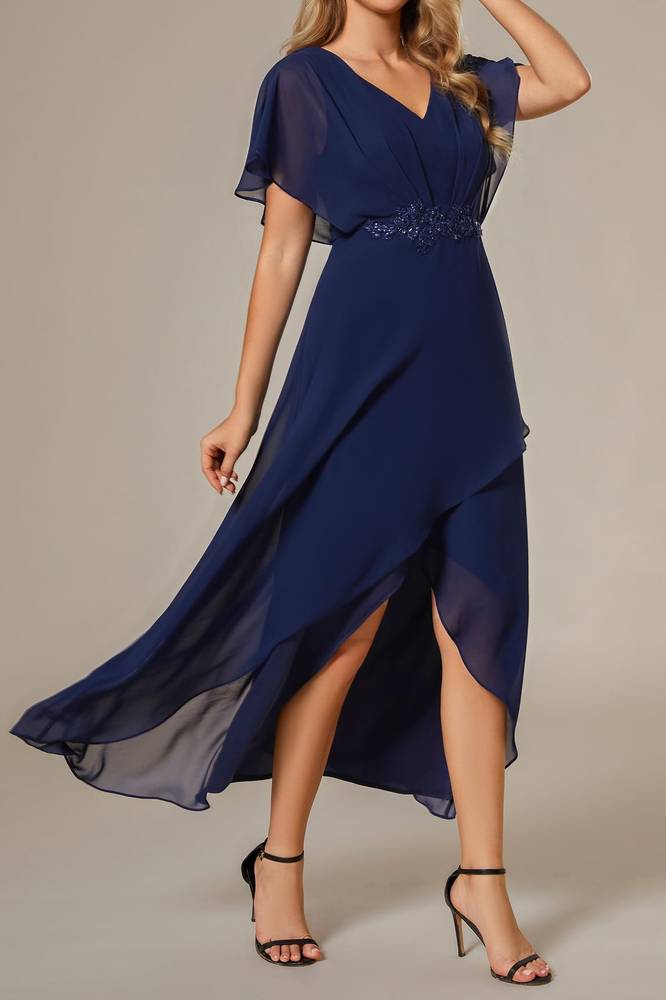 Navy Blue Chiffon V-Neck Short Sleeves Mother Of Brides Dress