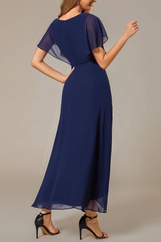 Navy Blue Chiffon V-Neck Short Sleeves Mother Of Brides Dress