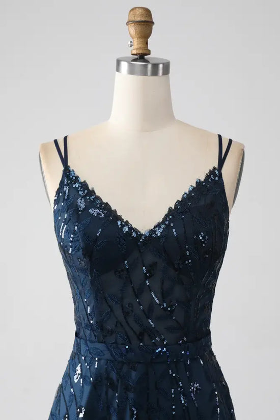 Navy Blue V-Neck Spaghetti Straps A-Line Appliques Prom Dress