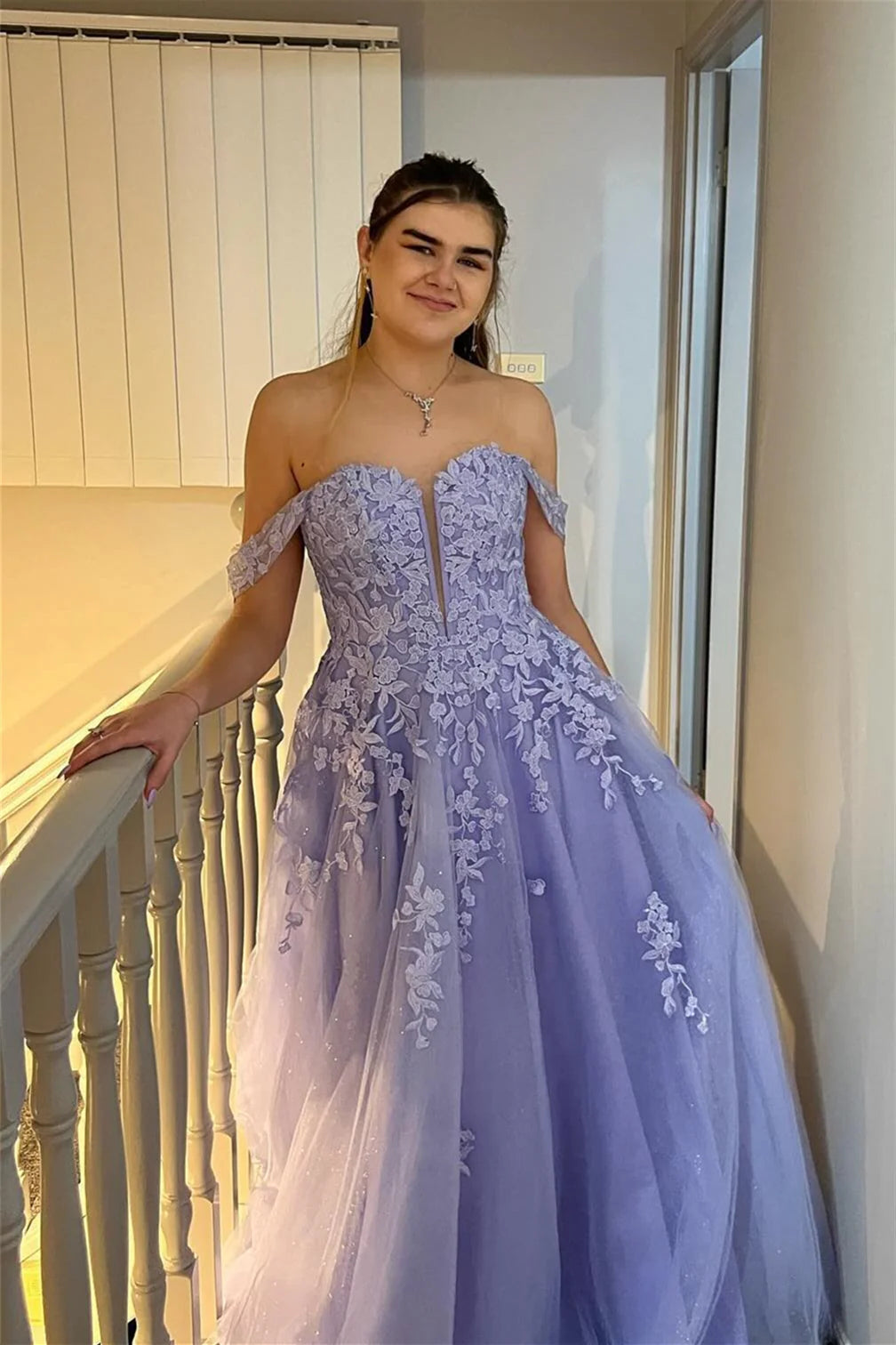 Off-Shoulder A-Line Appliques Long Party Prom Dress