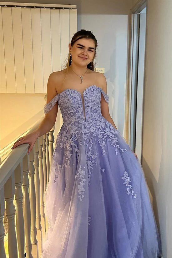 Off-Shoulder A-Line Appliques Long Party Prom Dress