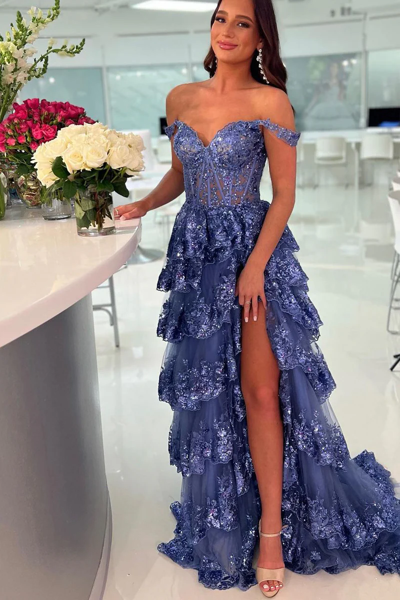 Off-Shoulder A-Line Empire Lace Appliques With Side Slit Prom Dress