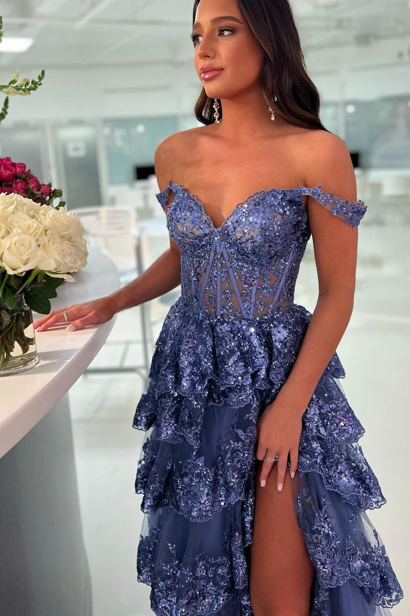 Off-Shoulder A-Line Empire Lace Appliques With Side Slit Prom Dress