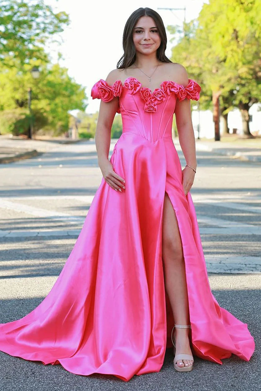 Off-Shoulder A-Line Empire Party Prom Dress With Slit