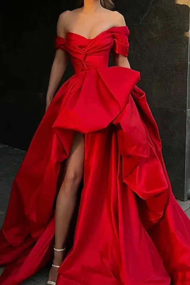 Off-Shoulder A-Line Empire With Side Slit Empire Prom Dress