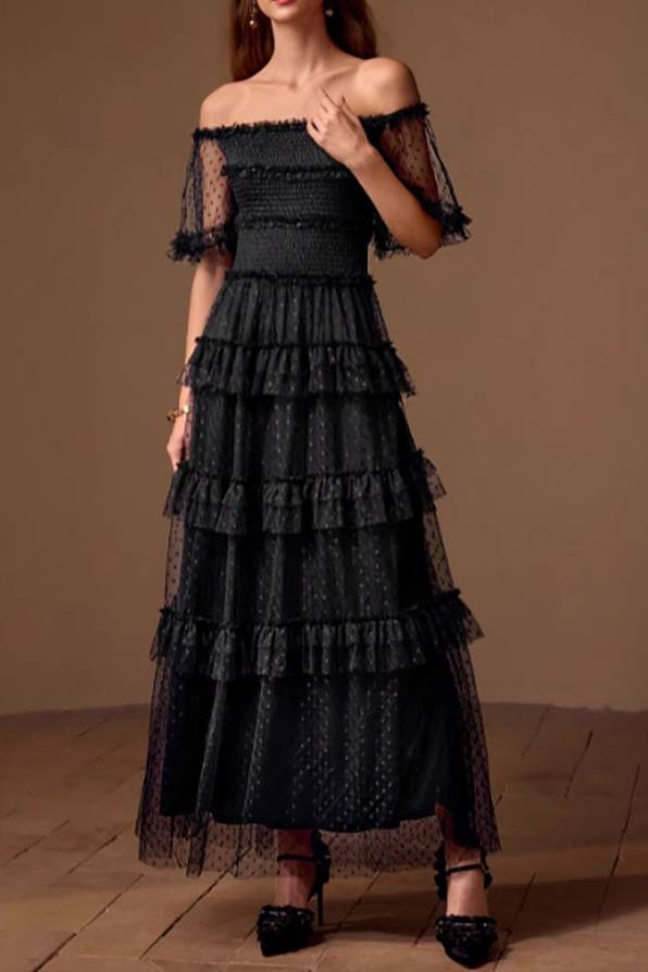 Off-Shoulder A-Line Tulle Tiered Ruffled Party Dress