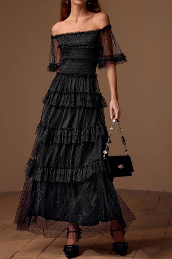 Off-Shoulder A-Line Tulle Tiered Ruffled Party Dress