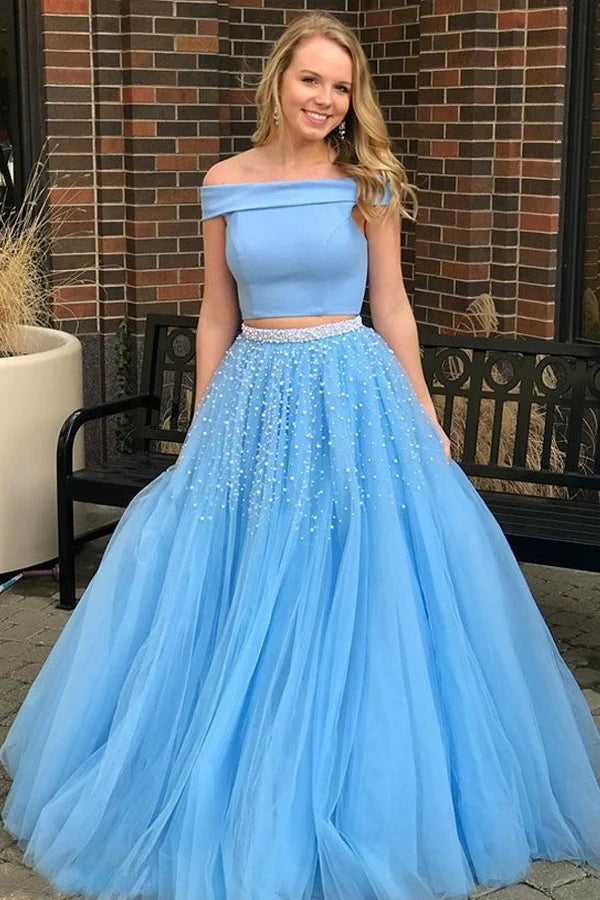 Off-Shoulder A-Line Two Piece Pearls Prom Dress
