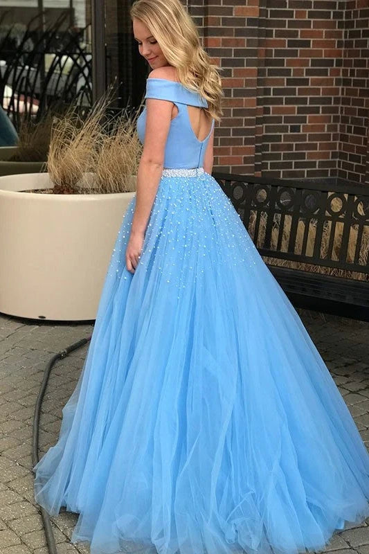Off-Shoulder A-Line Two Piece Pearls Prom Dress