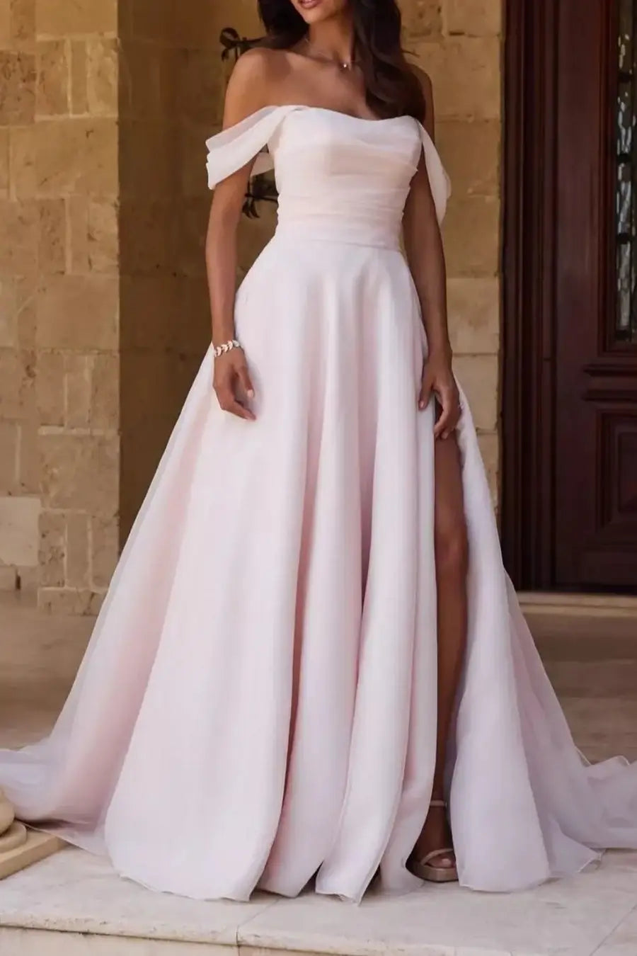 Off-Shoulder Chiffon A-Line Beach Wedding Dress With Slit