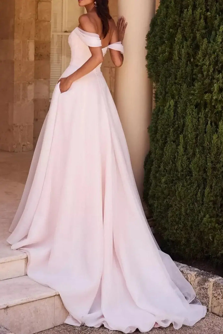 Off-Shoulder Chiffon A-Line Beach Wedding Dress With Slit