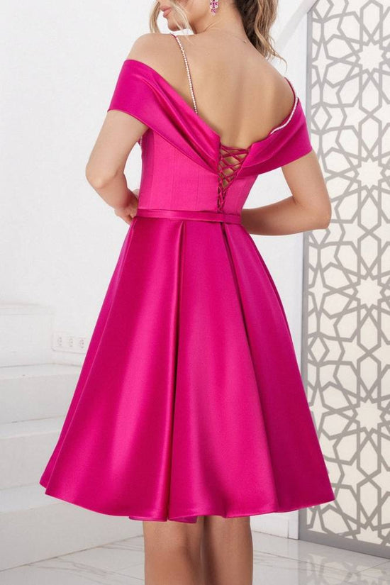 Off-Shoulder Empire Beaded Satin A-Line Short Mother Of Brides Dress Movousdress Off-Shoulder Empire Beaded Satin A-Line Short Mother Of Brides Dress Movousdress