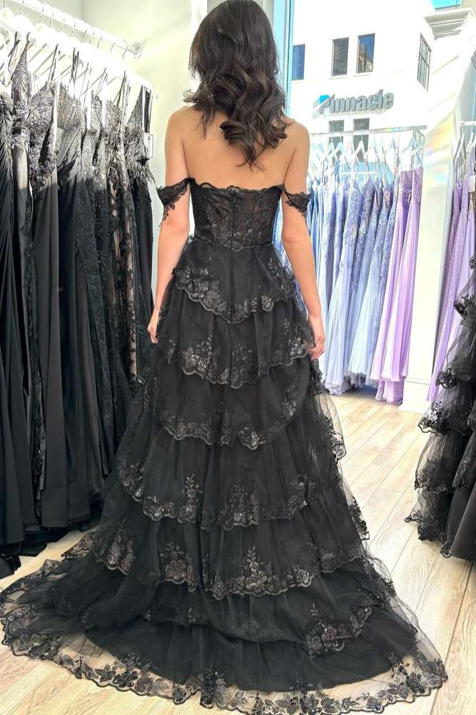 Off-Shoulder Lace A-Line Appliques With Side Slit Long Prom Dress