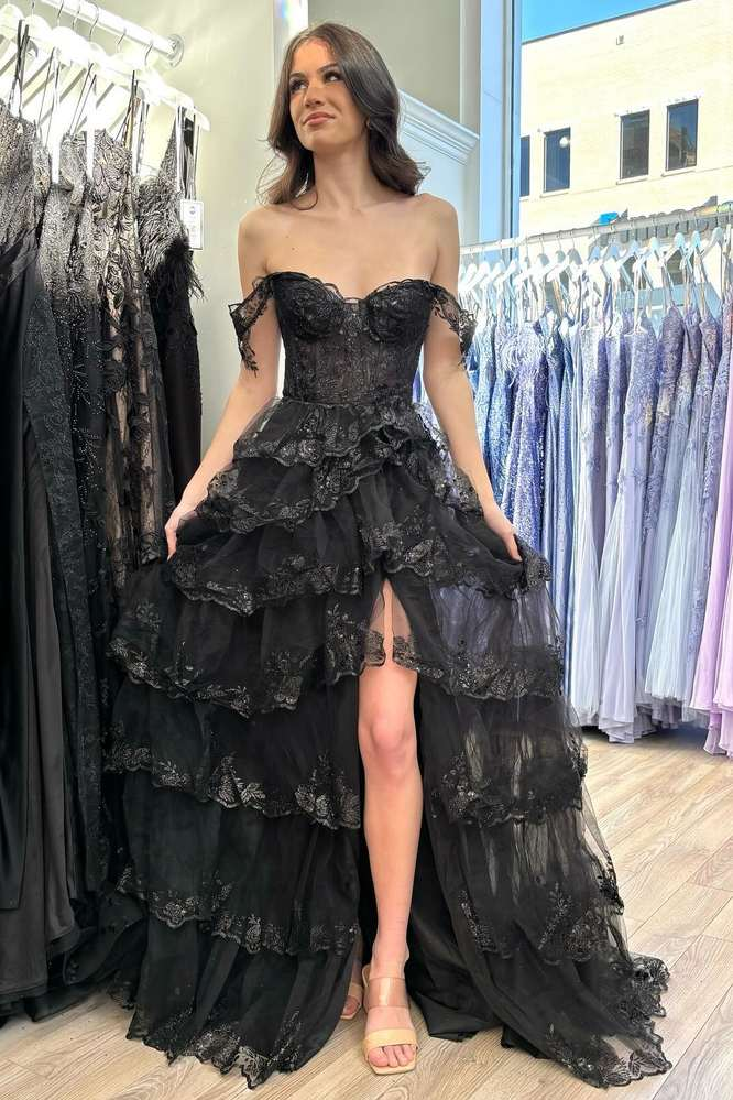 Off-Shoulder Lace A-Line Appliques With Side Slit Long Prom Dress