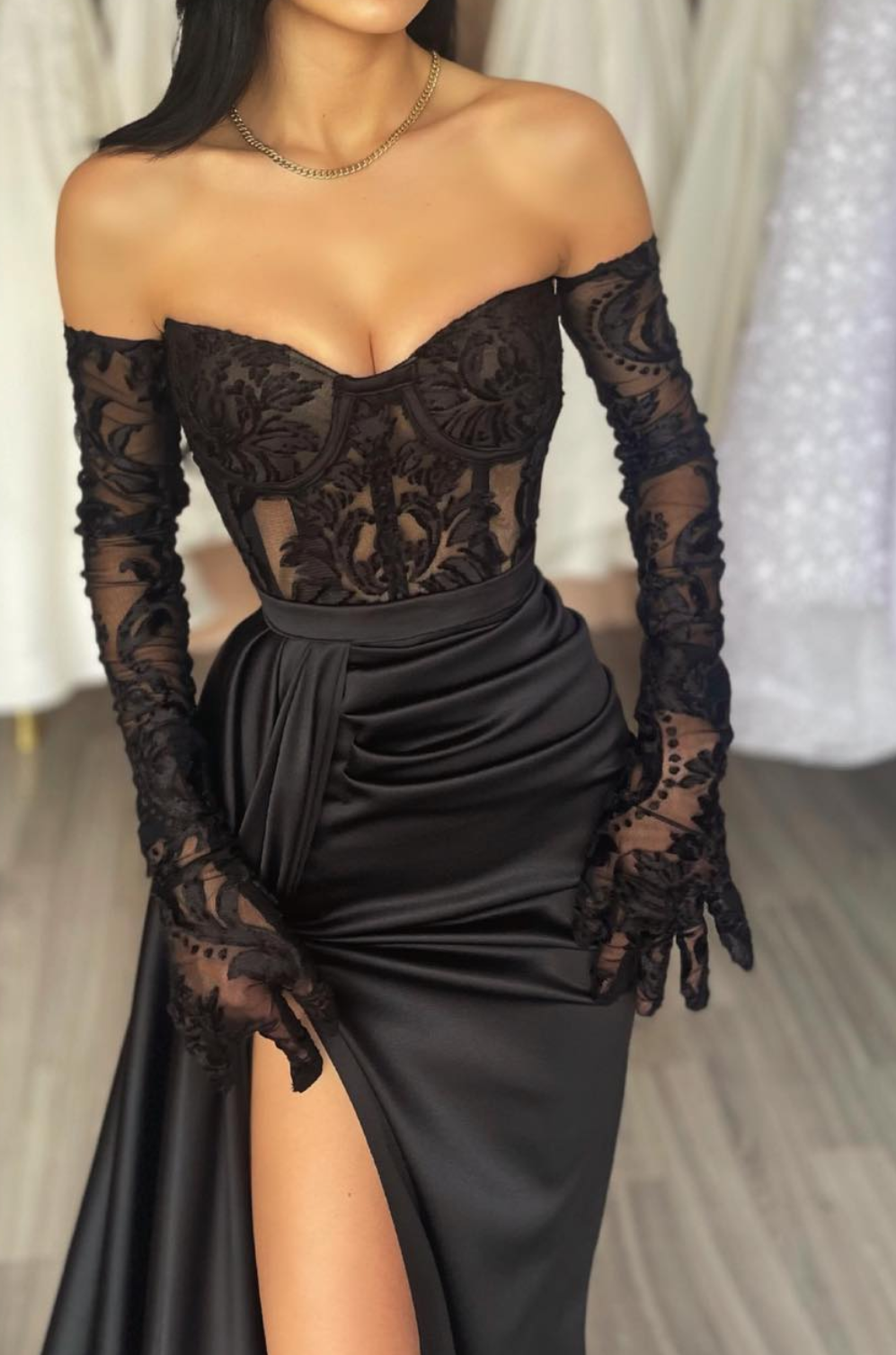 Off-Shoulder Long Sleeves Fitted Sheer Lace Appliques Long Prom Dress