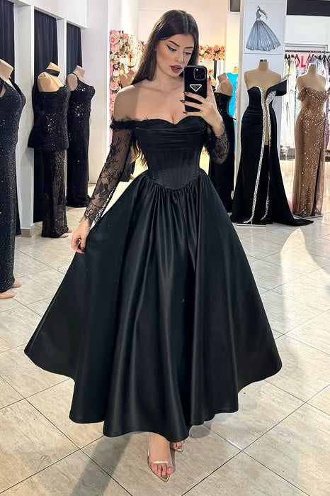Off-Shoulder Long Sleeves Satin A-Line Party Prom Dress