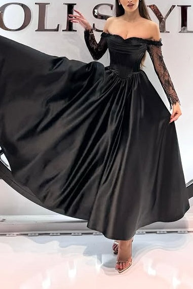 Off-Shoulder Long Sleeves Satin A-Line Party Prom Dress