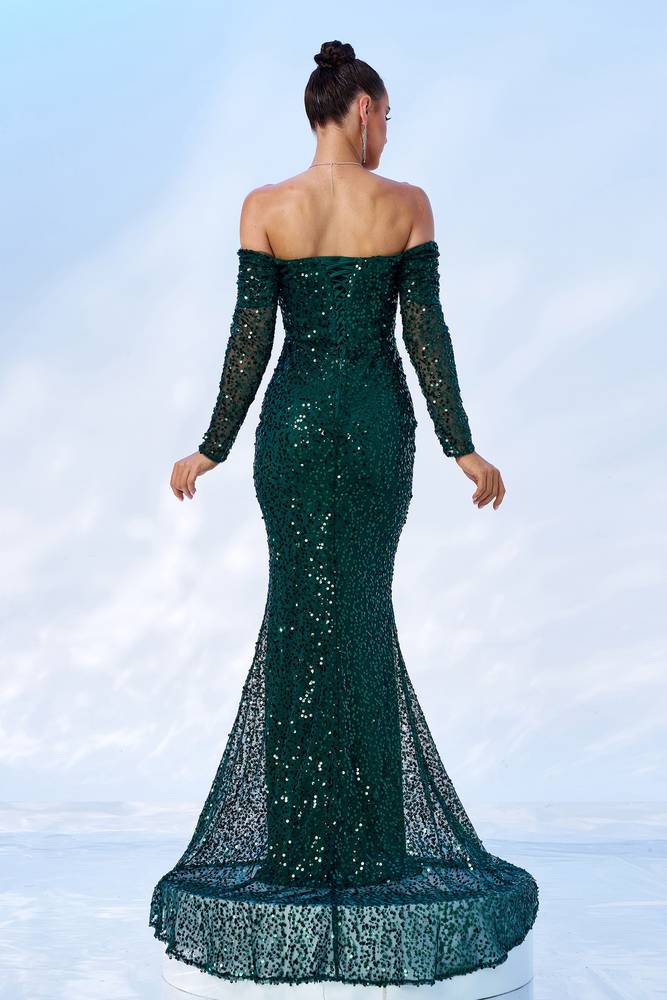 Off-Shoulder Long Sleeves Sequins Mermaid Party Evening Dress