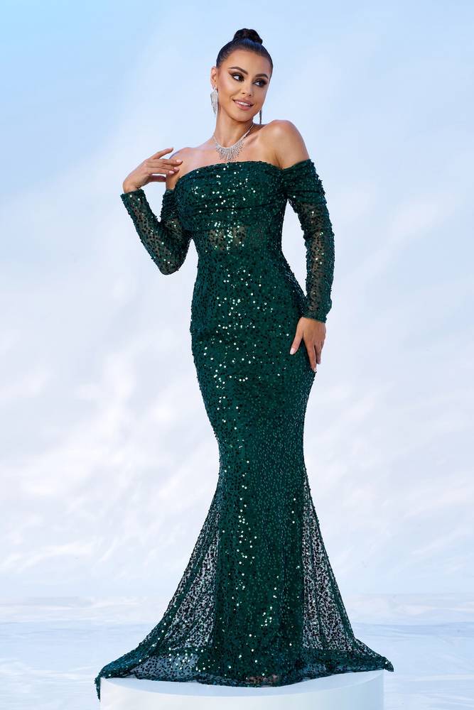 Off-Shoulder Long Sleeves Sequins Mermaid Party Evening Dress