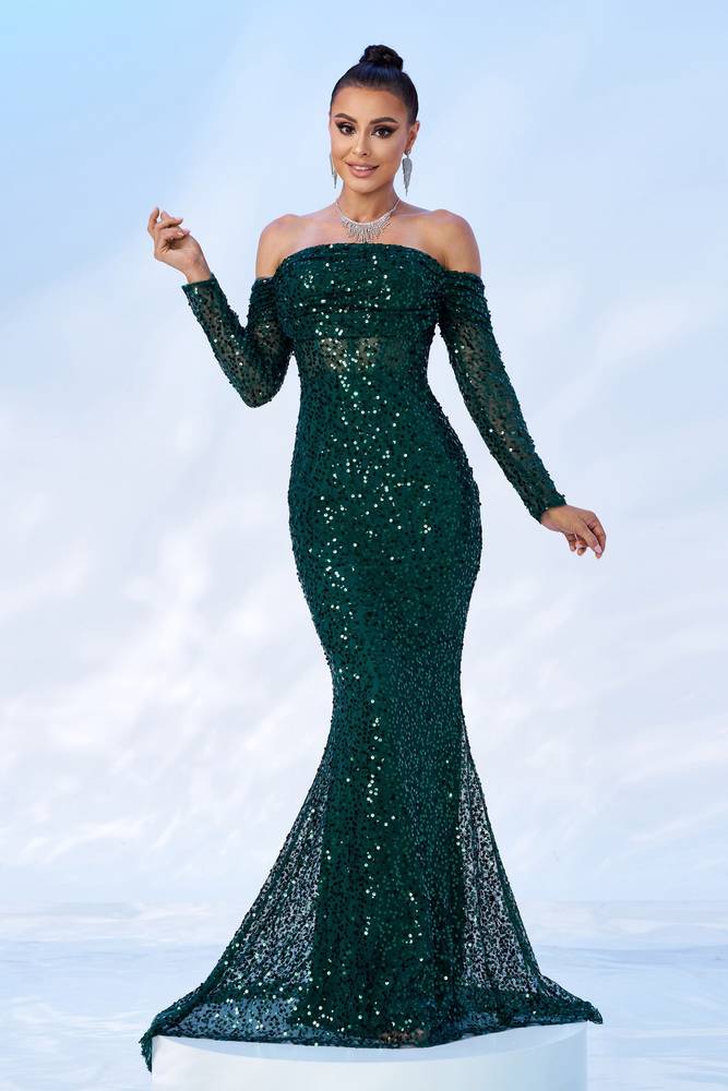 Off-Shoulder Long Sleeves Sequins Mermaid Party Evening Dress